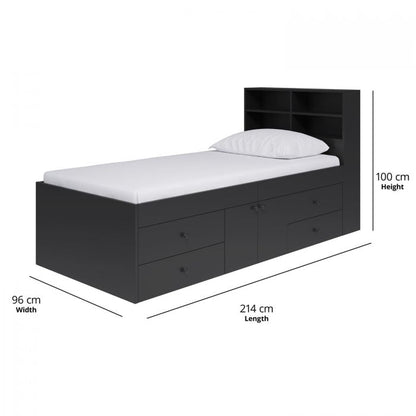 Kidsaw Black Multi-Drawer 3ft Cabin Bed with Bookcase Headboard & Cupboard