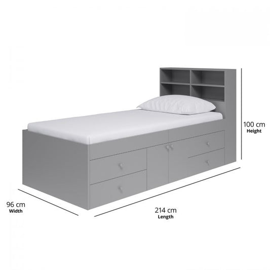 Kidsaw Grey Multi-Drawer 3ft Cabin Bed with Bookcase Headboard & Cupboard
