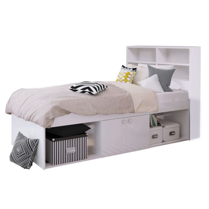 Kidsaw White Low 3ft Cabin Bed with Bookcase Headboard and Built-In Storage
