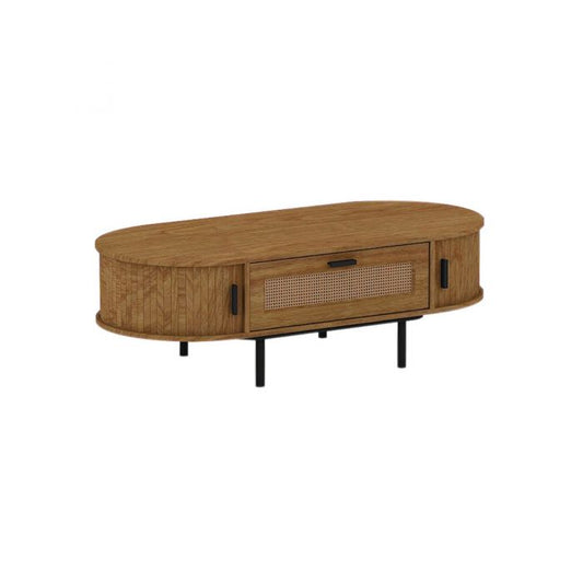 Coffee Table – Light Oak Oval Rattan Storage Table with Sliding Doors
