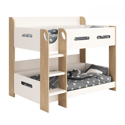 White & Oak Bunk Bed with Built-In Shelf Storage – Modern Space-Saving Twin Sleeper for Kids